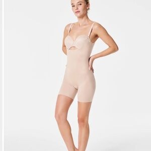 Spanx Shapewear Open-Bust Mid-Thigh Bodysuit in Champagne Beige